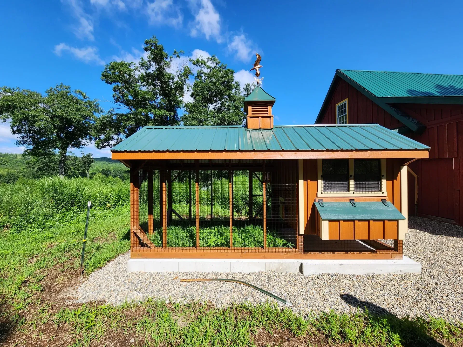 A small wooden chicken coop with a green roof