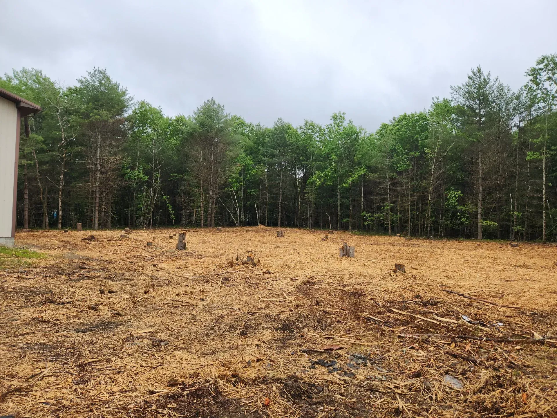 A dirt field with trees in the background and a house in the background.