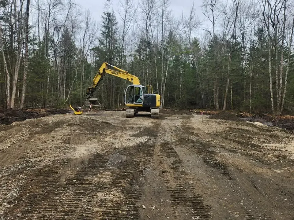 Yellow excavator on a dirt road clearing land in a forest setting.