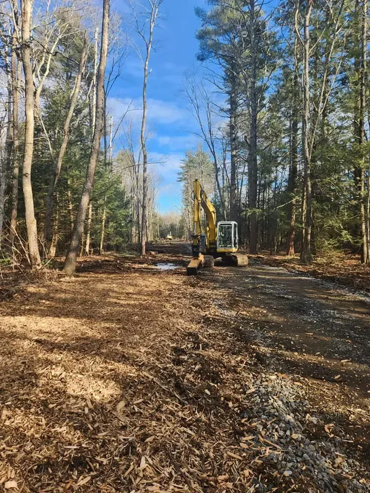 An excavator on a cleared dirt path in a wooded area, under a blue sky.