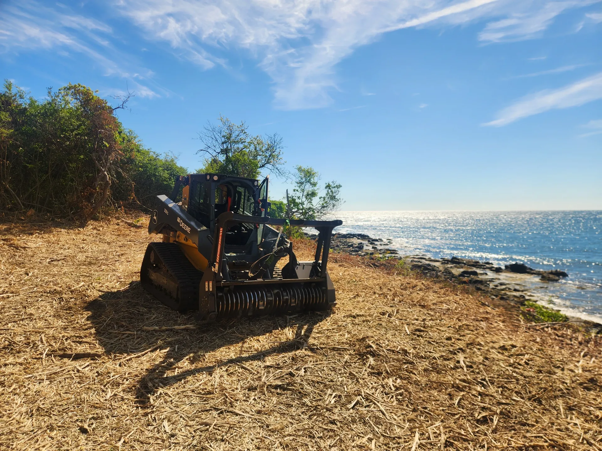 A bulldozer is cutting down trees in a forest.
