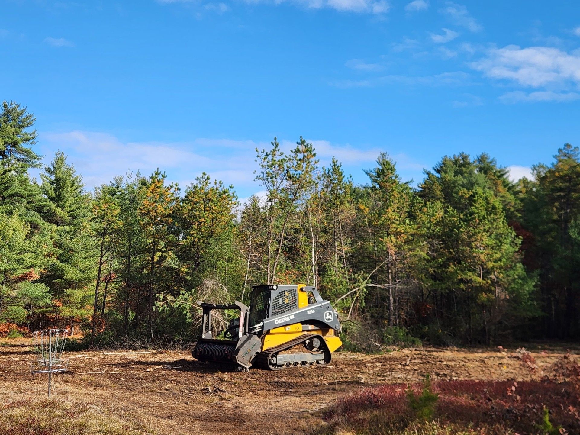 Yellow and gray skid steer clearing trees, under a blue sky.