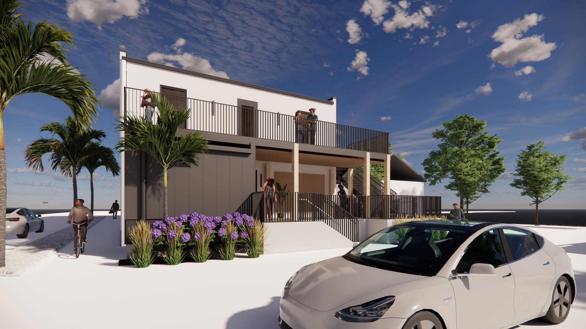 Modern two-story building with balcony, white facade, and a car in front.