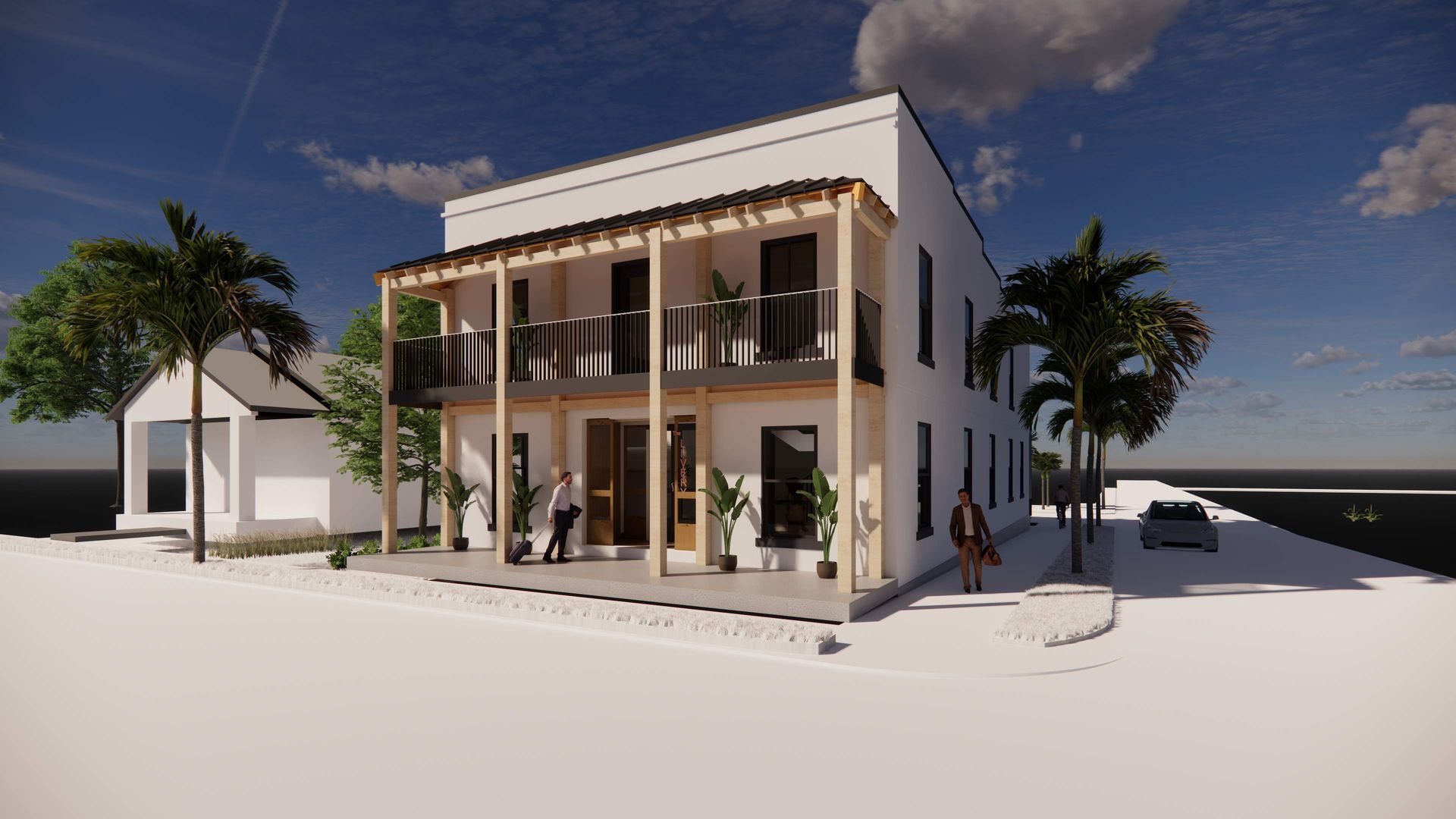 Two-story white building with wooden balconies; people enter. Palm trees, blue sky.