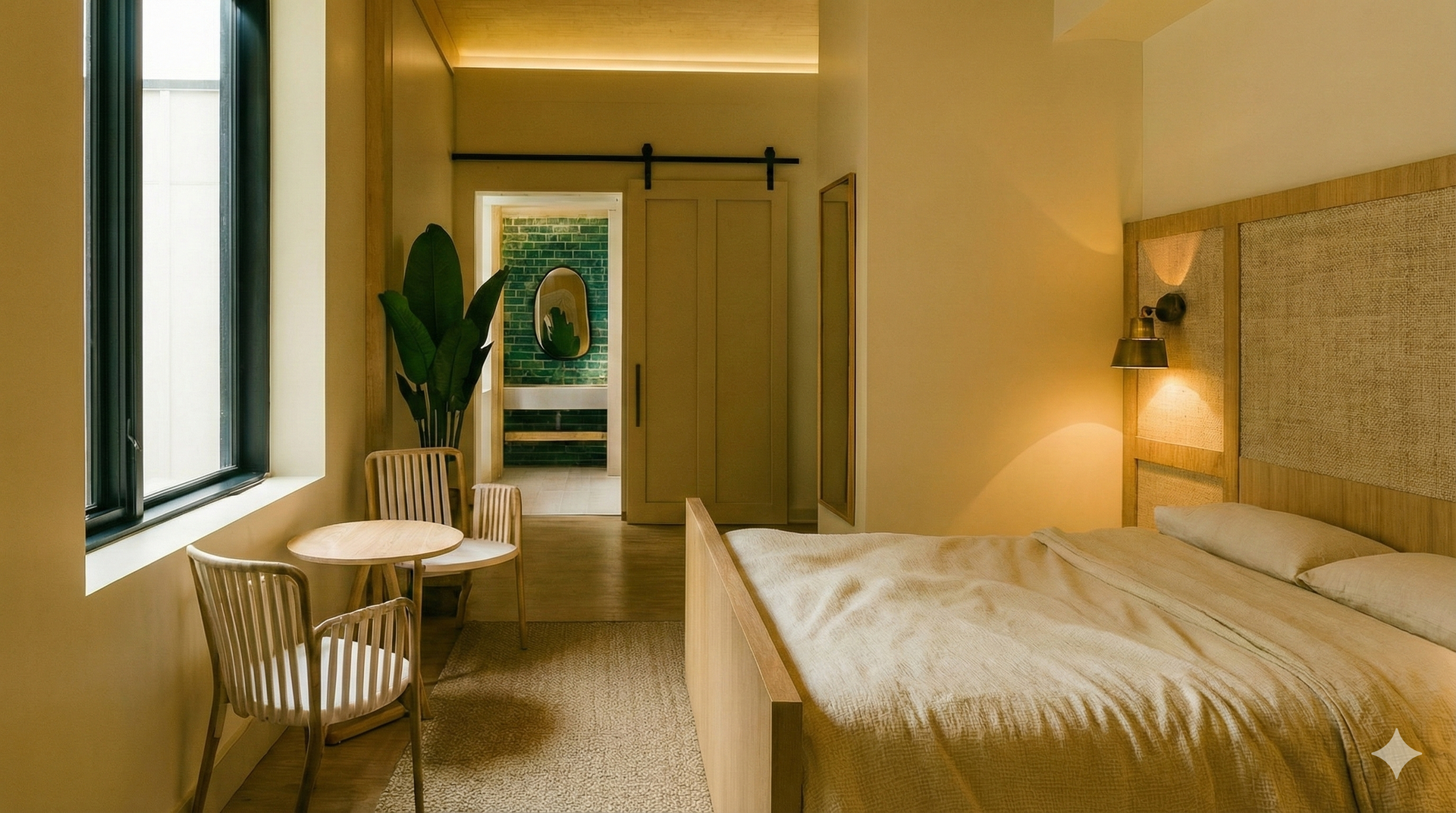 Bedroom with a bed, table, chairs, and bathroom visible. Beige walls, wood accents, and natural light.