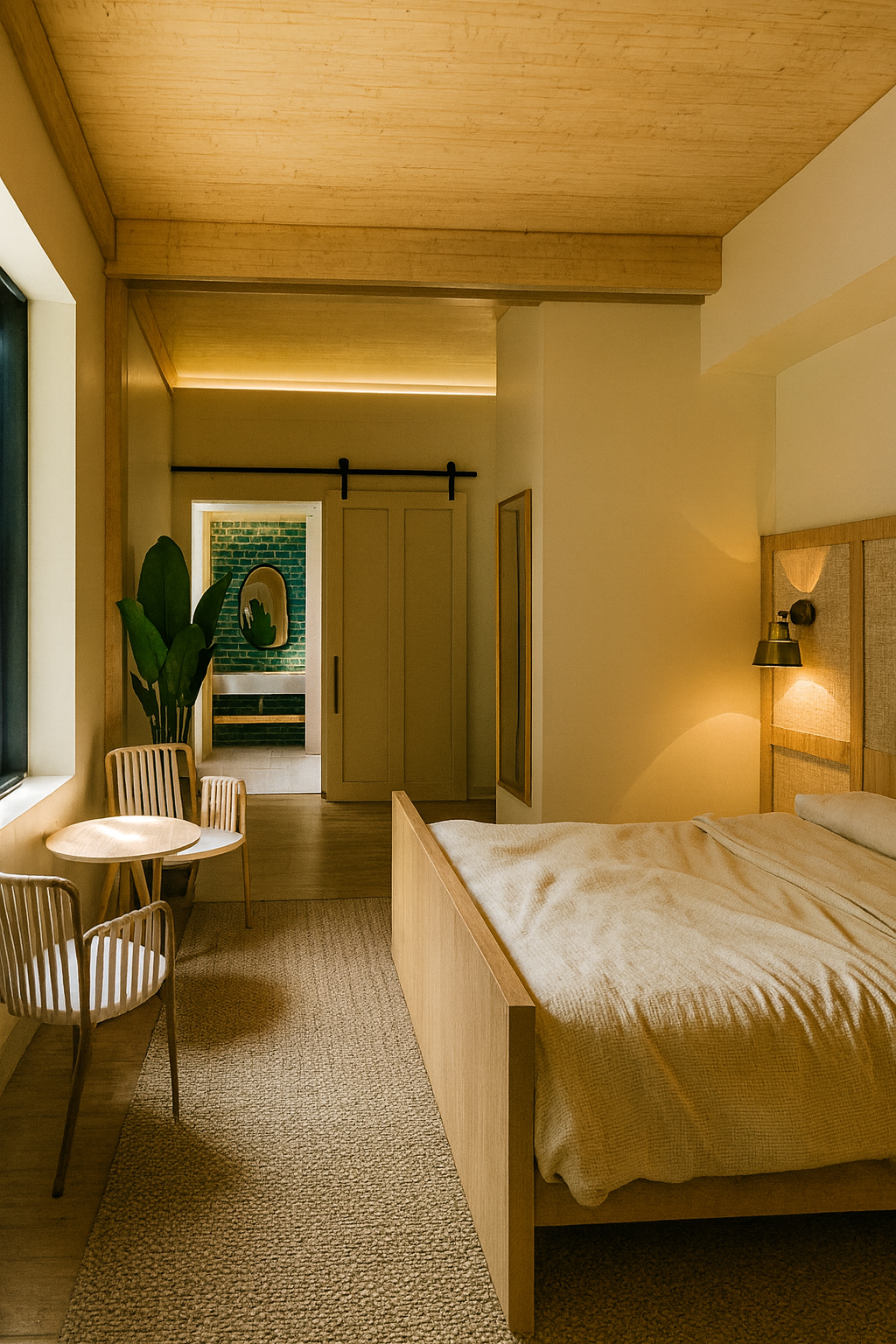 Cozy bedroom with wooden bed, woven chairs, and bathroom visible through a sliding door.