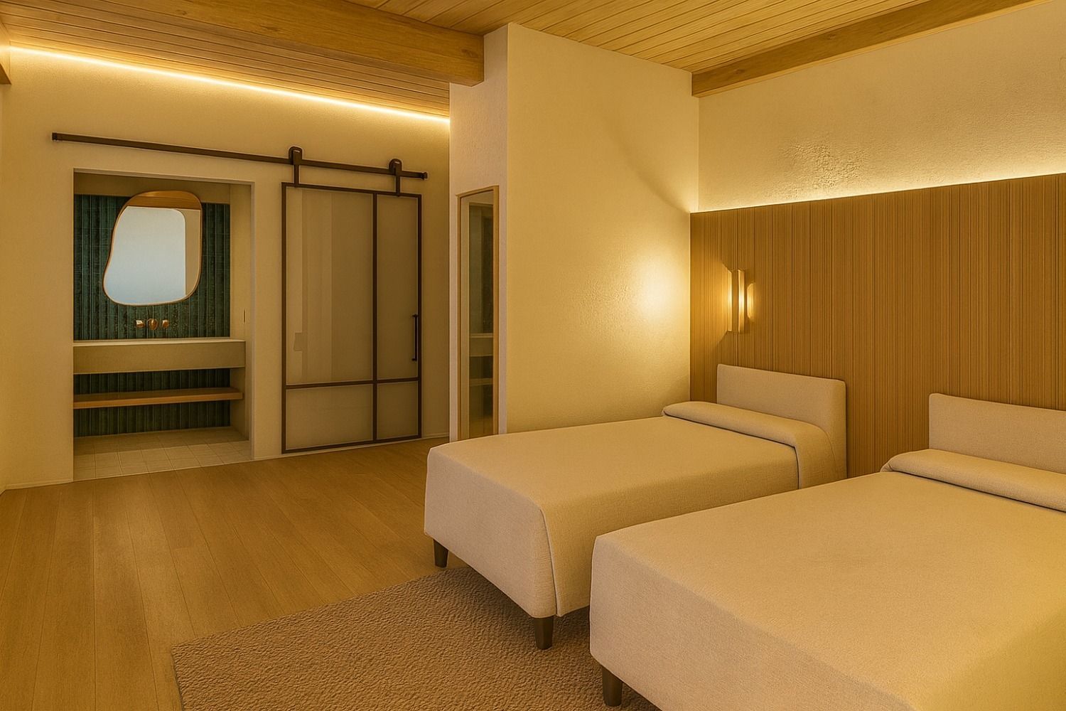Minimalist hotel room with two beds, warm lighting, and a window seat