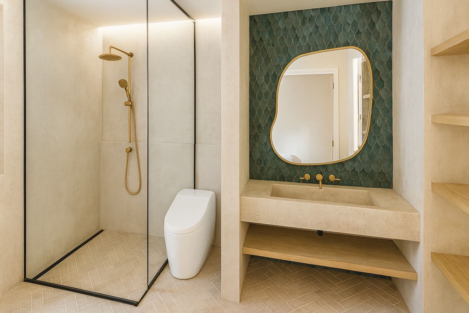 Modern bathroom with glass shower, toilet, floating sink, green tile accent, and gold fixtures.