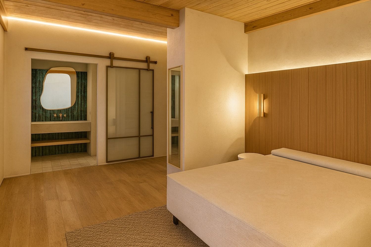 Bedroom with wood paneling, sliding glass door to bathroom, and neutral colors.