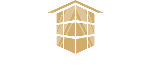 A logo of a house with a roof and windows on a white background.