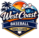 Logo for West Coast Baseball Santa Clarita, featuring a tropical sunset, mountains, a wave, and two baseballs.