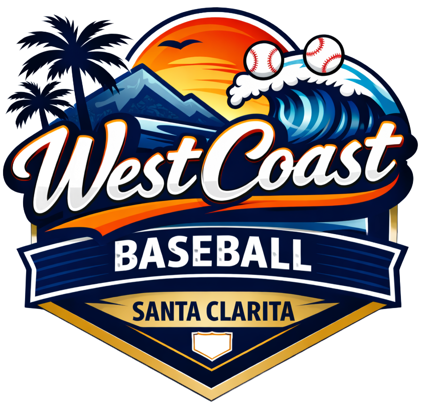 Logo for West Coast Baseball Santa Clarita, featuring a tropical sunset, mountains, a wave, and two baseballs.
