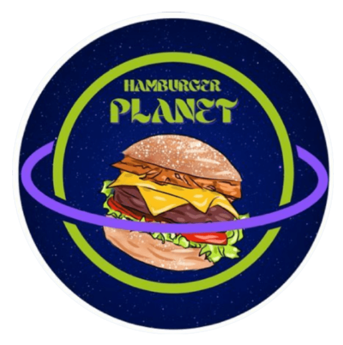 A cheeseburger centered on a dark blue, starry background, surrounded by a green circle and a purple planetary ring.