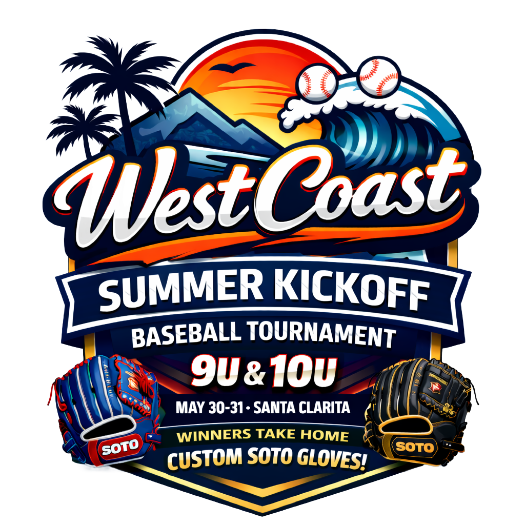 Logo for West Coast Summer Kickoff 9U & 10U baseball tournament, May 30-31 in Santa Clarita, featuring custom Soto gloves.