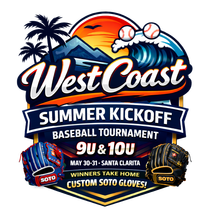 Logo for West Coast Baseball Tournaments in Santa Clarita featuring a sunset, palm trees, mountains, and a baseball wave.
