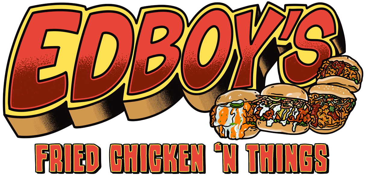 The logo for Edboy’s Fried Chicken ‘N Things features red, 3D-style text above three stacked chicken sandwiches.