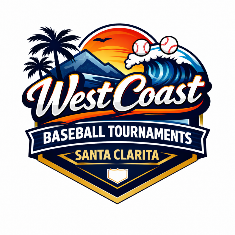 Logo for West Coast Baseball Tournaments, Santa Clarita, featuring a sunset, palm trees, a wave, and baseballs.