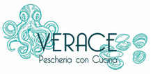 Logo per Verace Pescheria con Cucina: polpo turchese, vongole e testo su sfondo bianco.