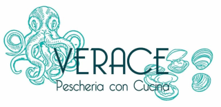 Logo per Verace Pescheria con Cucina: polpo turchese, vongole e testo su sfondo bianco.