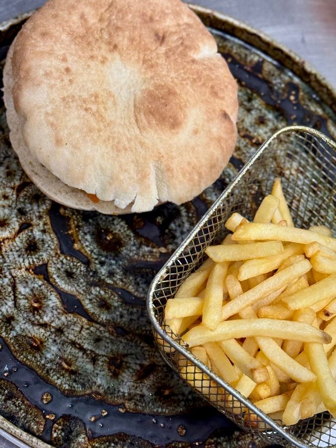 Panino pita su un piatto decorato accanto a un cestino di patatine fritte dorate.
