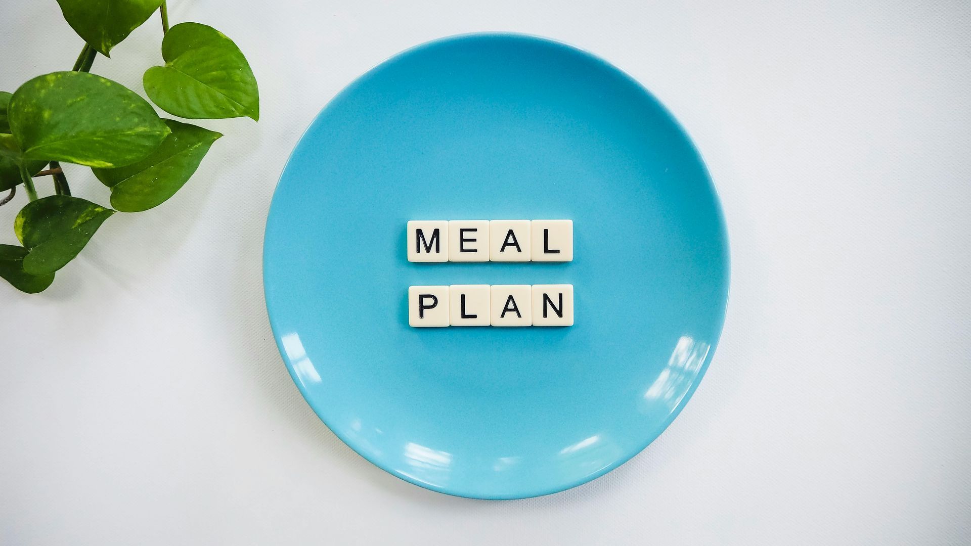 A blue plate with the words meal plan written on it.