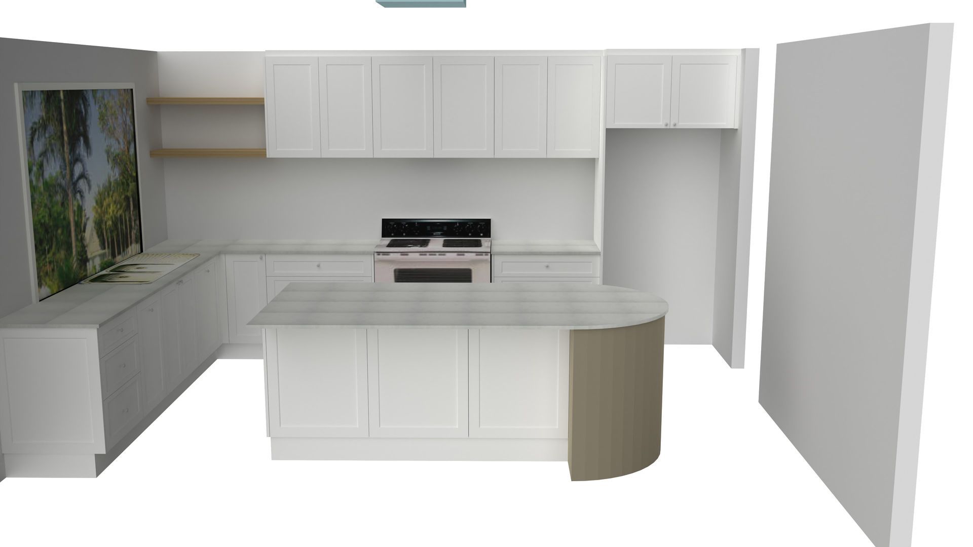 A computer generated image of a kitchen with white cabinets and a stove.