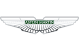 The Aston Martin logo featuring white stylized wings with the brand name in a green rectangle.