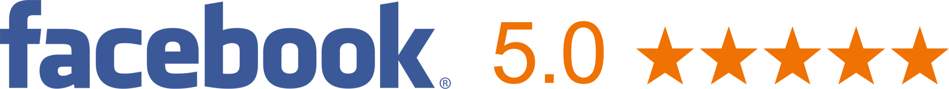 Facebook logo followed by a 5.0 rating with five orange stars.
