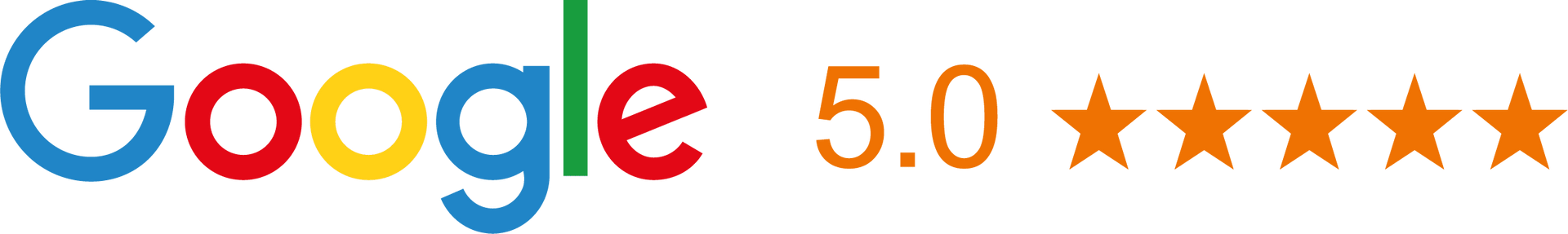 A Google logo next to a 5.0 star rating represented by five orange stars.