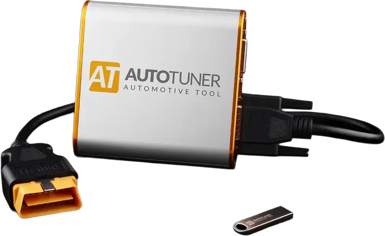 Alientech automotive diagnostic and tuning interface device in a gray and black case with status indicator lights.