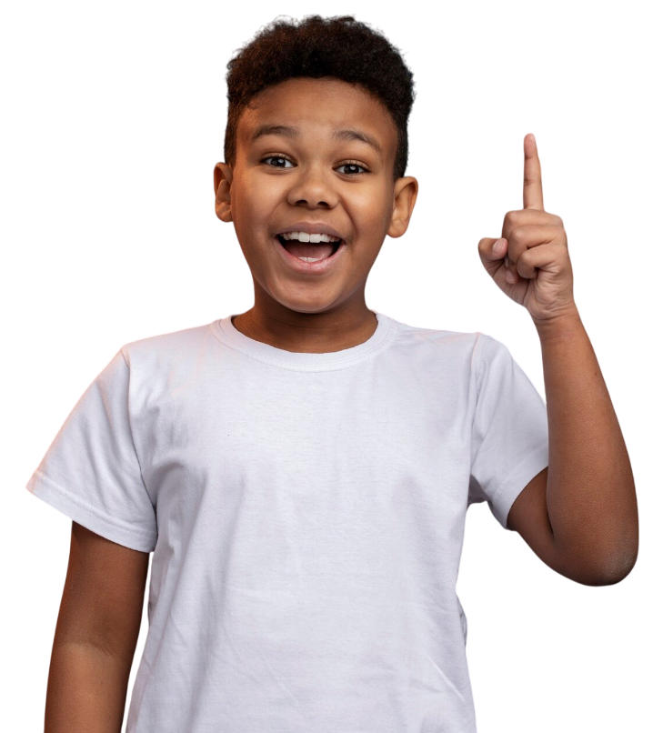 Excited Black boy in white t-shirt, pointing up with one finger, mouth open.