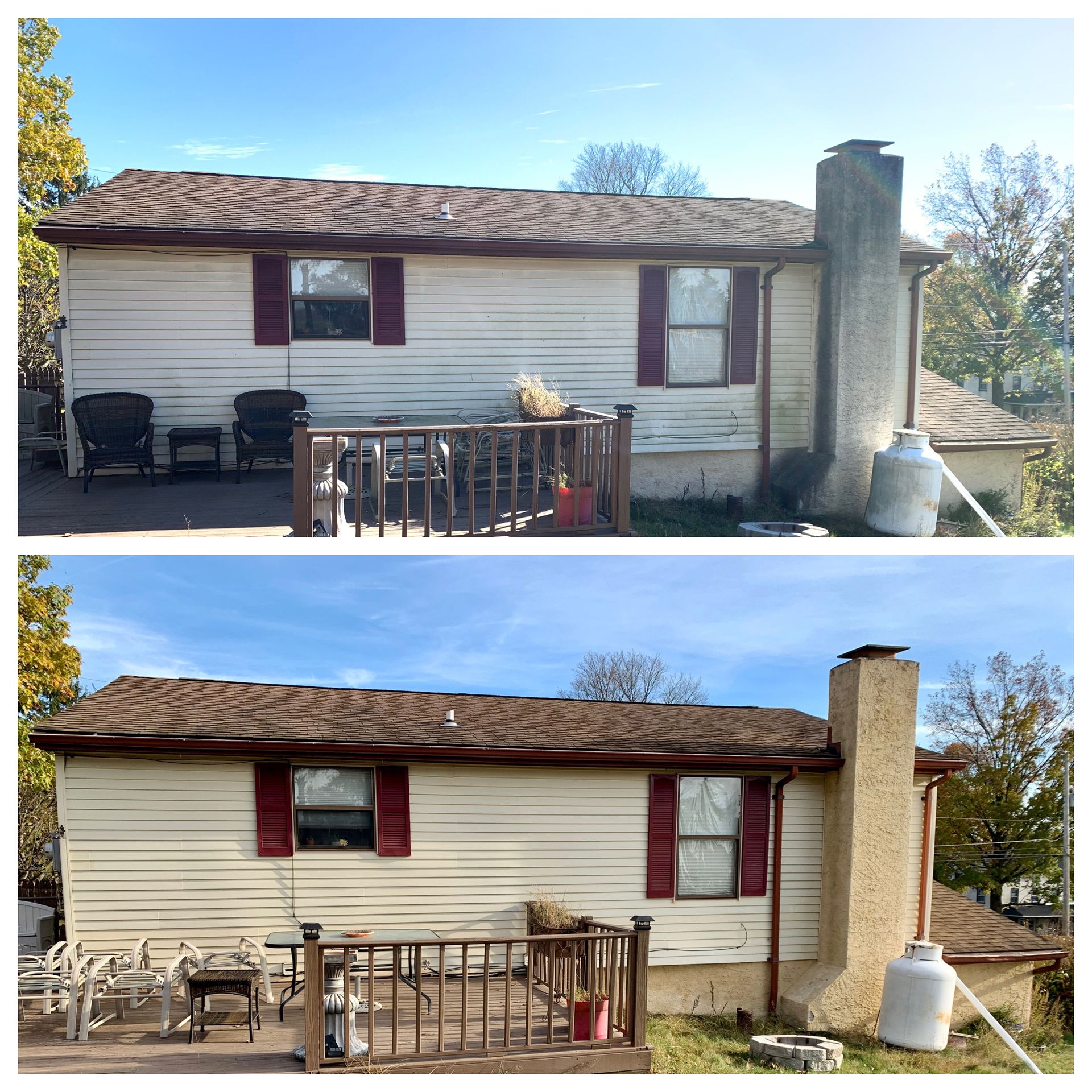 Before and after comparison of a house exterior showing cleaned siding and a pressure-washed chimney.