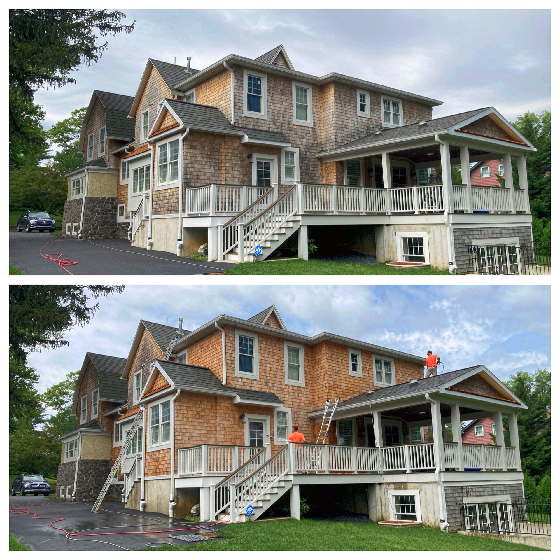 Before-and-after view of a house undergoing exterior maintenance, showing workers on the roof and ladders.