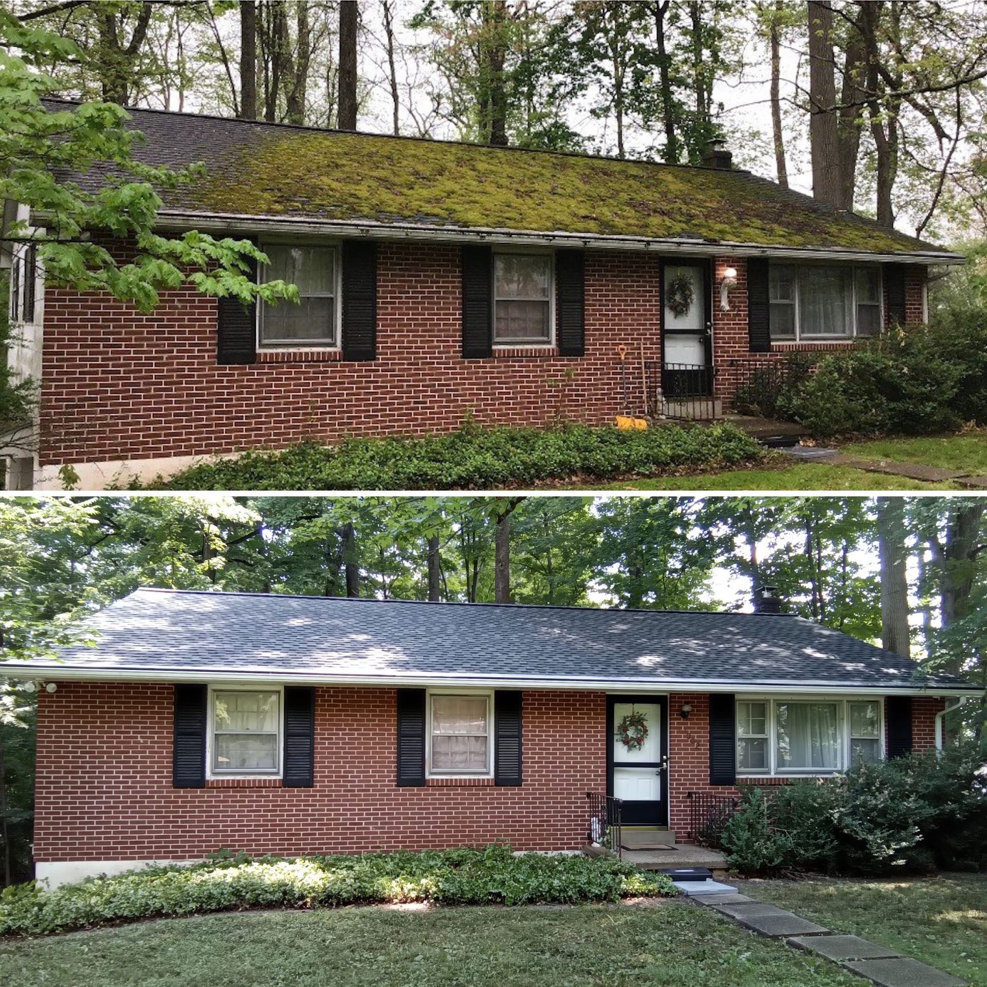 A before-and-after comparison of a brick house, showing the roof cleaned of heavy moss and new shingles installed.