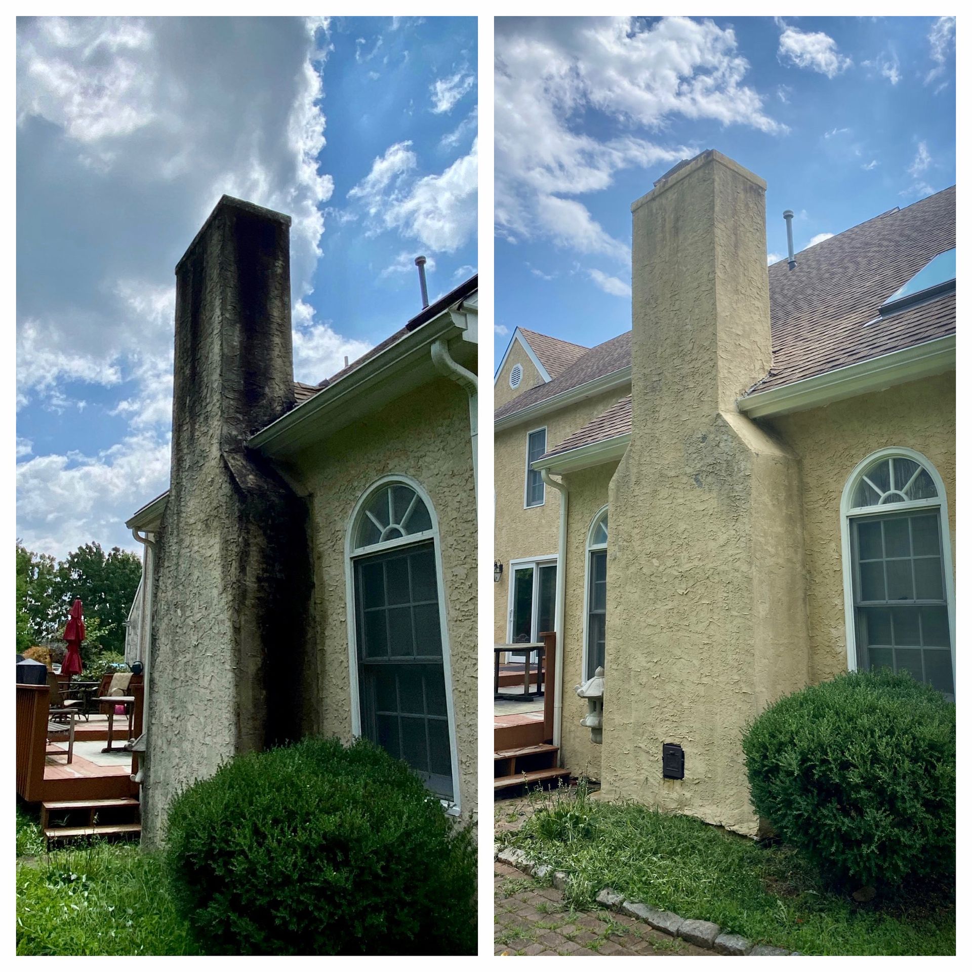 Before and after comparison of a stucco chimney, showing the removal of dark mold and grime from the exterior surface.
