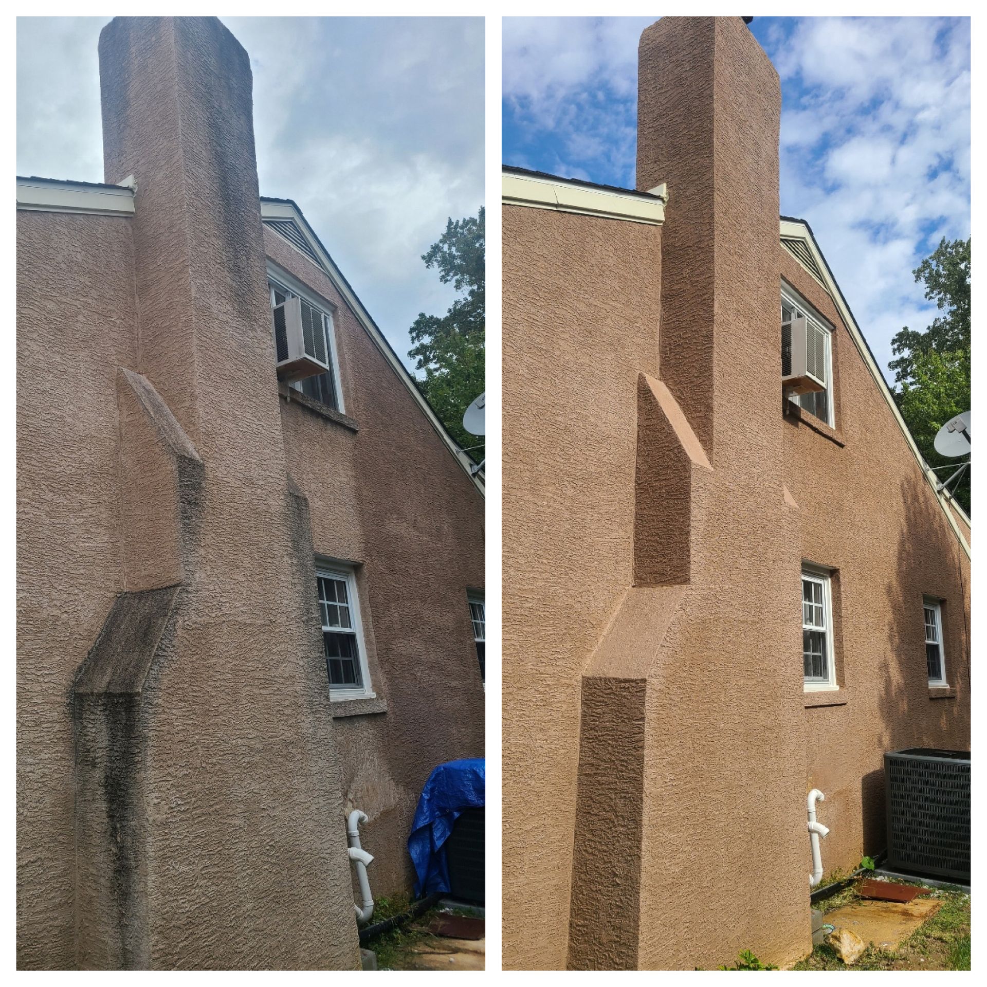 Before-and-after photos of a textured, tan-colored chimney showing the removal of dark dirt and grime after cleaning.
