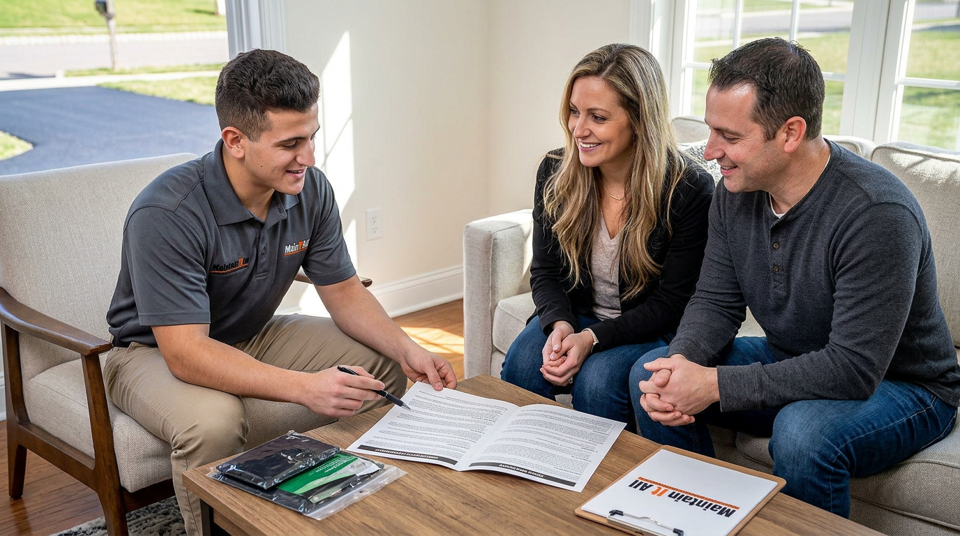 A consultant in a grey shirt discusses paperwork with a couple sitting on a sofa in a bright, sunlit room.