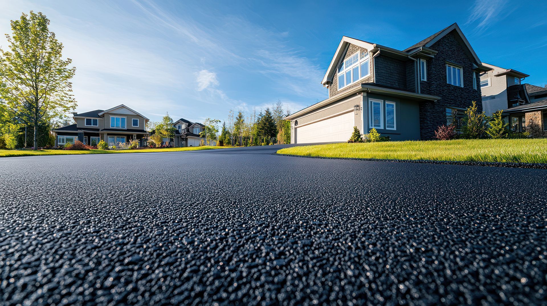 A dark asphalt driveway leading to a multi-story house on a sunny day.