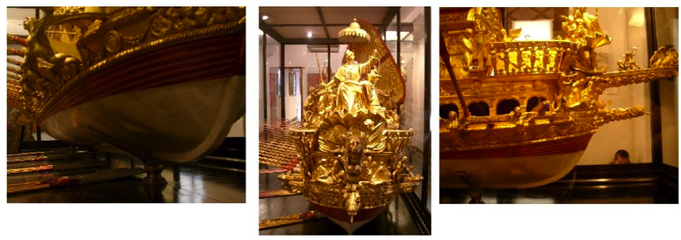 A triptych showing a detailed, golden model of an ornate royal ship inside a glass display case at a museum.