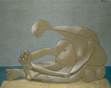 A stylized, tan figure sits on a yellow surface against a blue-gray background, bent forward with arms grasping one foot.