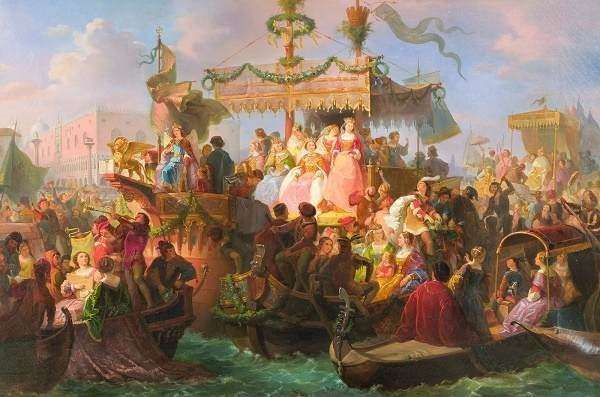 A lavish, colorful Venetian boat procession on water with figures in period clothing, ornate canopies, and gondolas.
