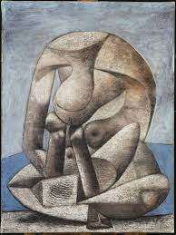 An abstract, sculptural figure in muted earth tones, hunched over and curled inward against a blue and gray background.