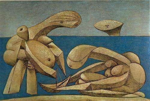 Surrealist painting of two beige, segmented, organic forms on a beach, with blue water and sky in the background.