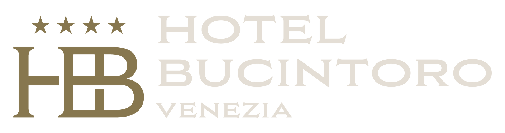 Logo for Hotel Bucintoro Venezia, featuring the initials HB in bronze with four stars and the hotel name in grey.