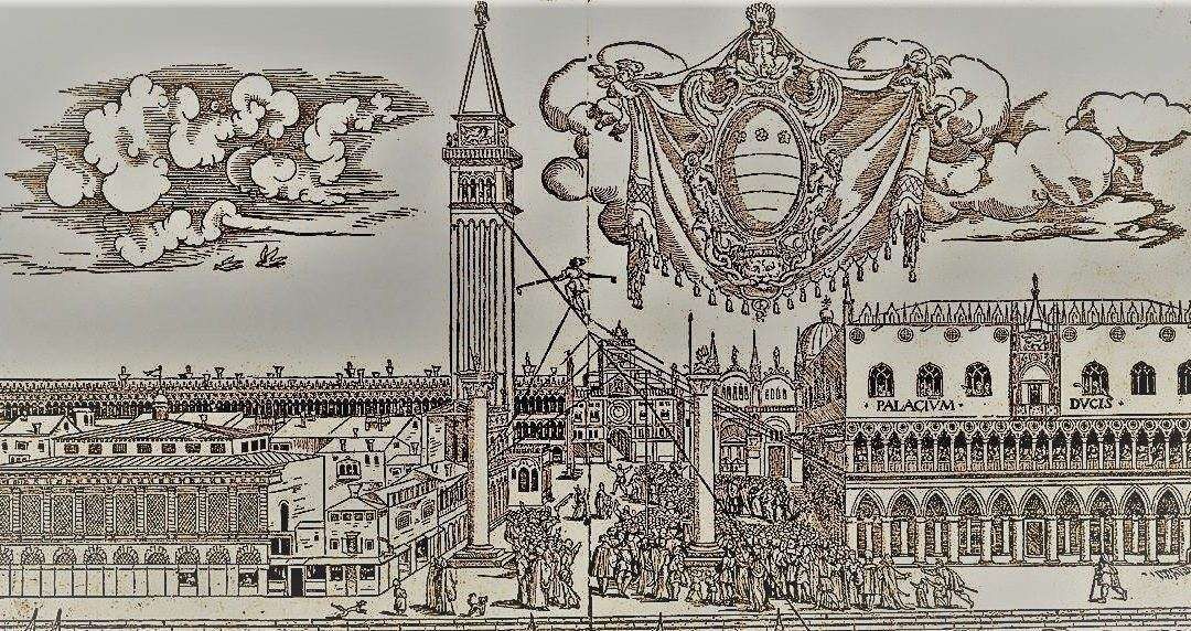 An engraving of St. Mark's Square in Venice, featuring the Campanile, the Doge's Palace, and an ornate decorative cartouche.