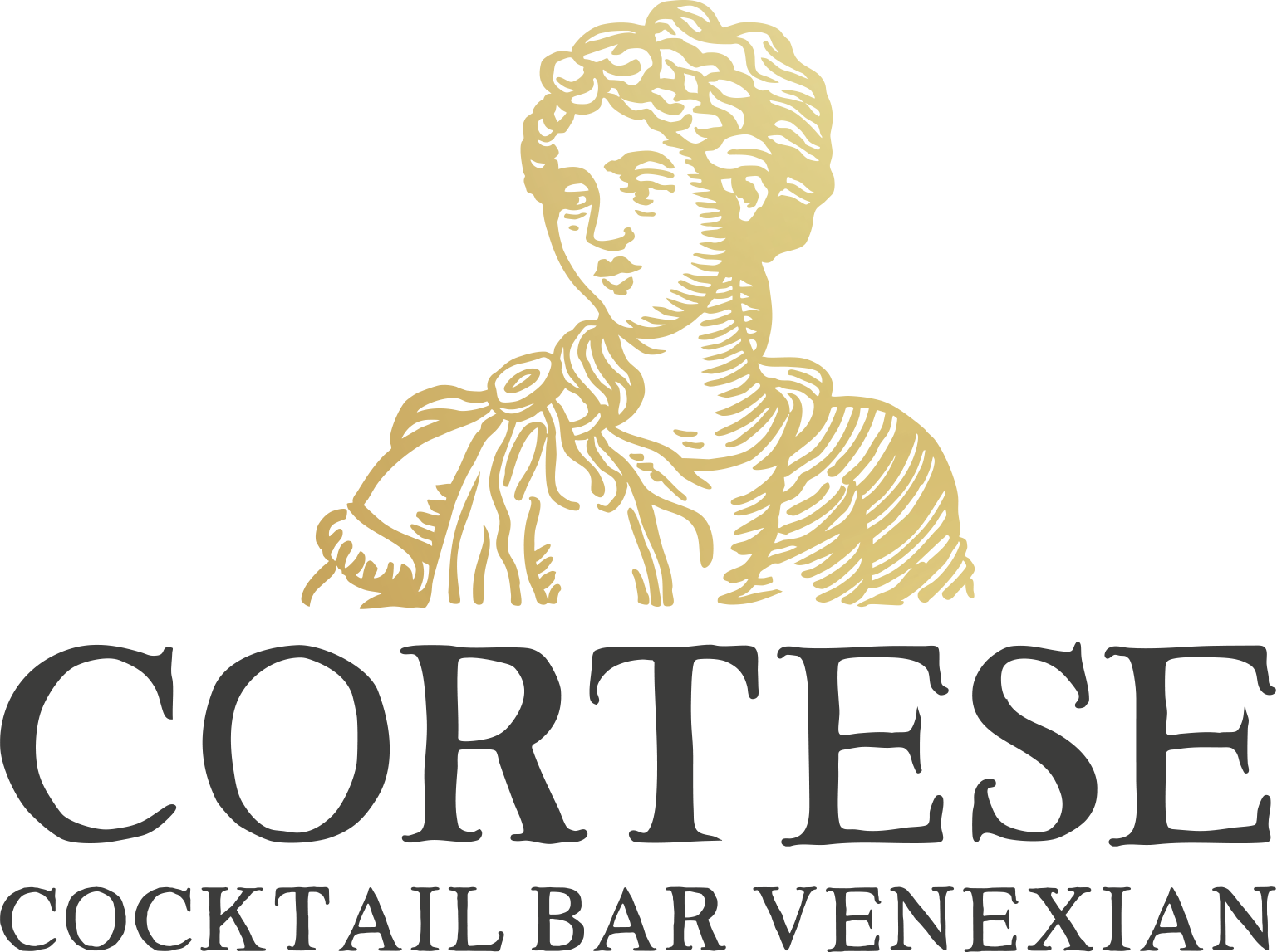 Logo for Cortese Cocktail Bar Venetian featuring a gold illustration of a person above black text.