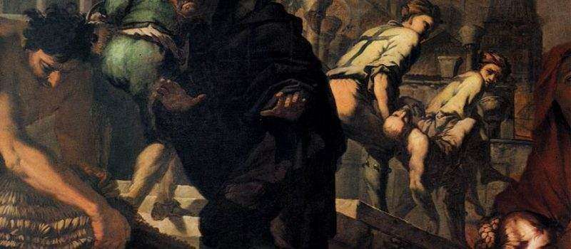 A dark-toned, dramatic oil painting showing several figures in a crowded, somber scene with expressive, active poses.