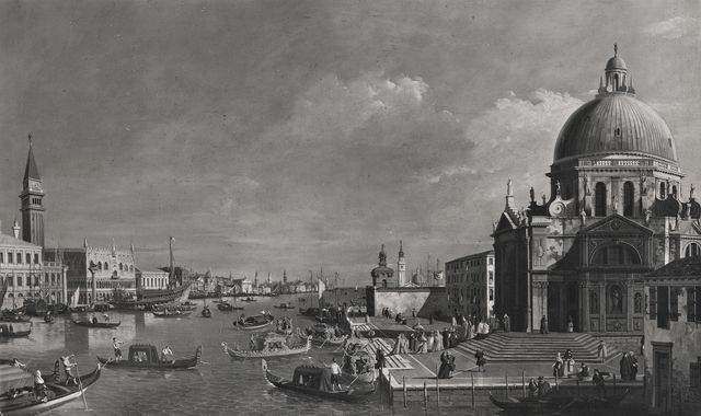 A black-and-white oil painting of the Venice Grand Canal, showing gondolas and the dome of Santa Maria della Salute.