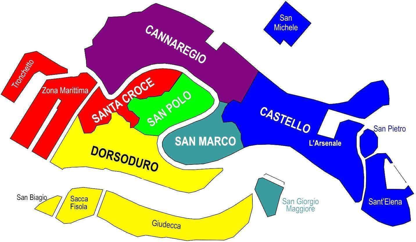 A colorful map of Venice, Italy, showing the six distinct sestieri districts labeled in different colors.