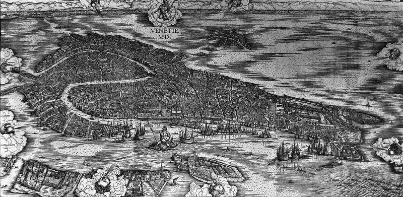 A vintage woodcut map showing the sprawling layout of Venice, Italy, with its winding Grand Canal and surrounding lagoon.